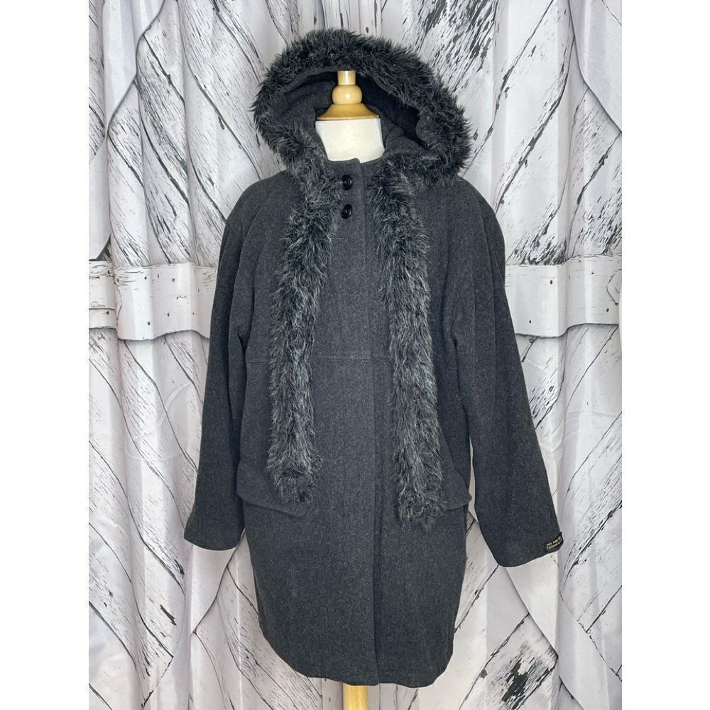 Vintage Kristen Blake Gray Wool Coat Faux Fur Trimmed Hood M